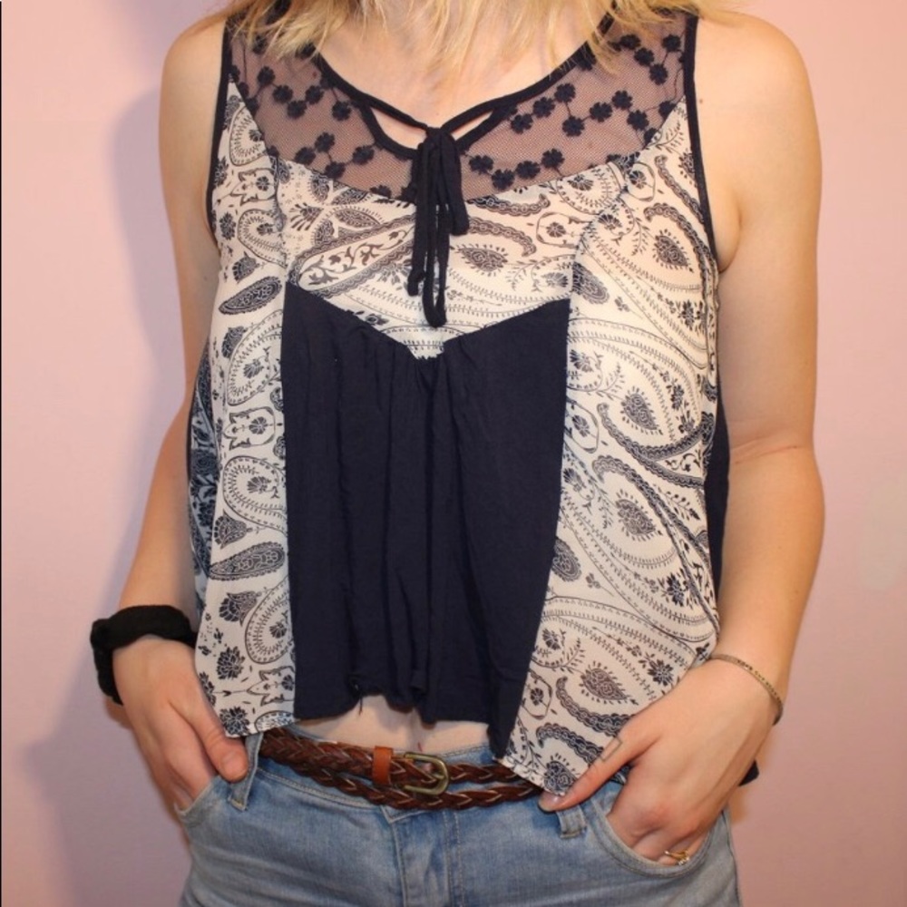 Pacsun Navy blue paisley tie up blouse